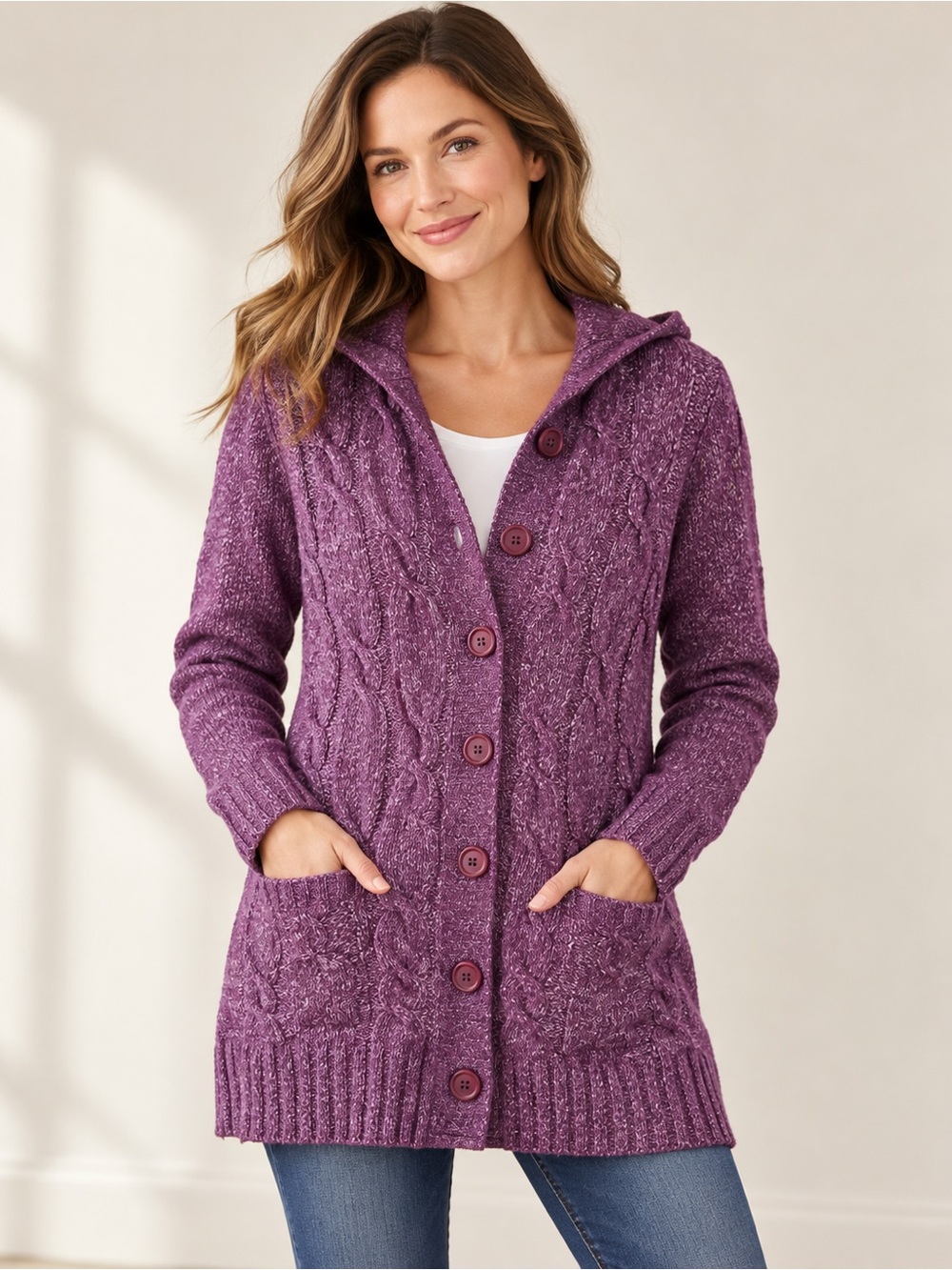 LL Bean Purple Cable Knit Wool Blend Hooded Cardigan Sweater in S Cabincore